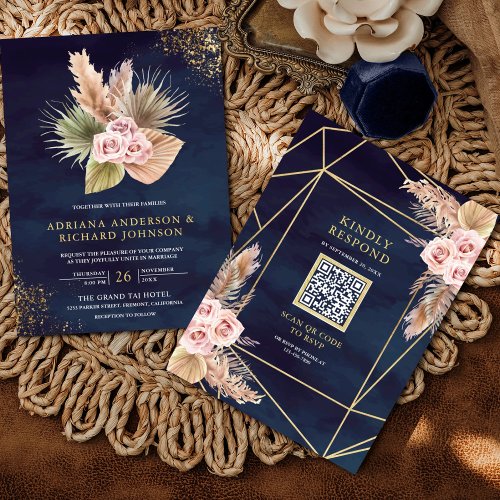 Pampas Dusty Pink Roses Navy Blue QR Code Wedding Invitation