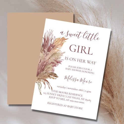 Pampas elegance mauve pink baby shower invitation