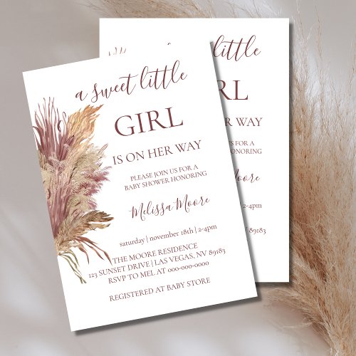 Pampas elegance mauve pink baby shower invitation