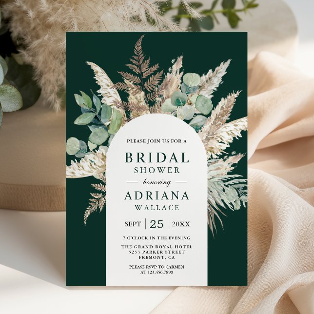 Pampas Eucalyptus Arch Emerald Green Bridal Shower Invitation (Creator Uploaded)