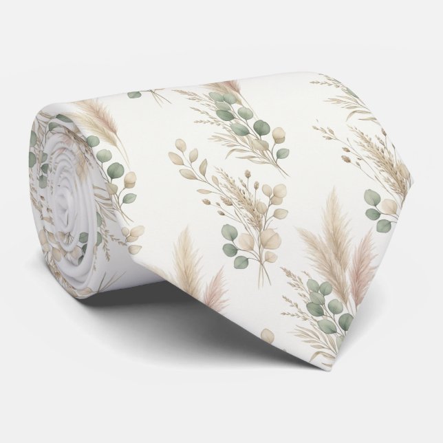  Pampas Eucalyptus Dried Botanical Garland Pattern Neck Tie (Rolled)