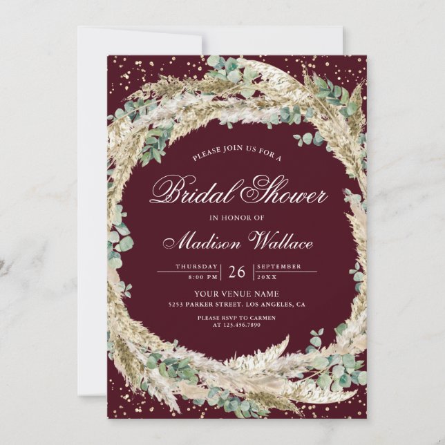 Pampas Eucalyptus Wreath Burgundy Bridal Shower Invitation (Front)