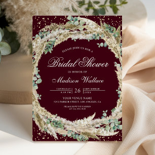 Pampas Eucalyptus Wreath Burgundy Bridal Shower Invitation
