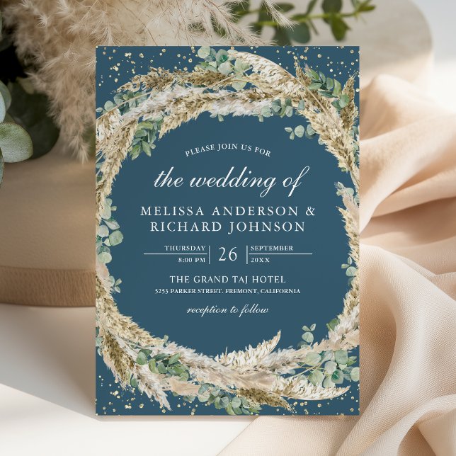 Pampas Eucalyptus Wreath Dusty Blue Wedding Invitation (Creator Uploaded)