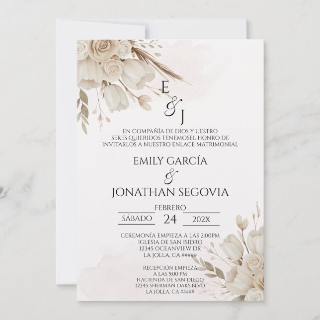 Pampas floral bouquet Spanish wedding  Invitation (Front)
