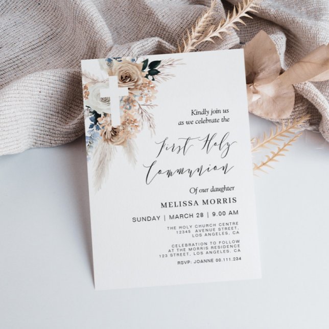 pampas floral cross first holy communion invitation (Creator Uploaded)