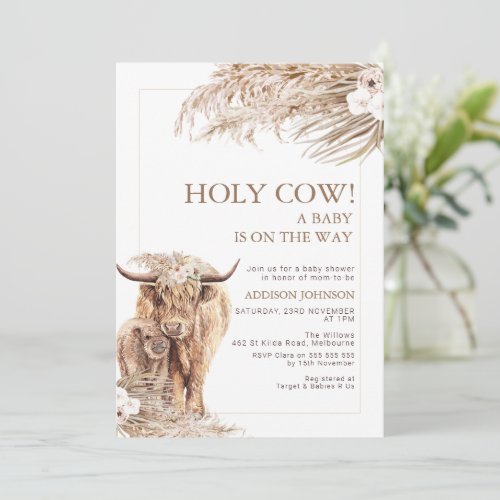 Pampas Floral Highland Cow Calf Baby Shower Invitation