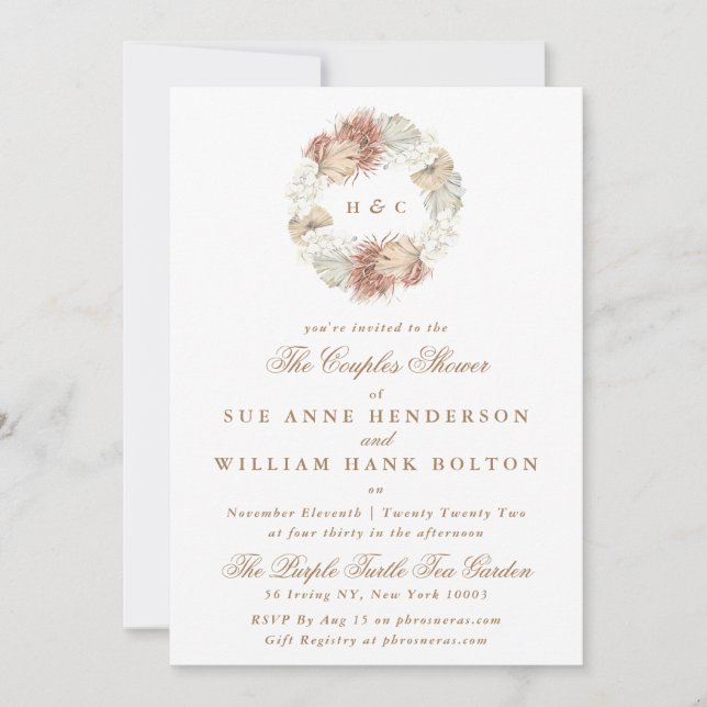 Pampas Floral Monogram Wreath Couples Shower Invitation (Front)