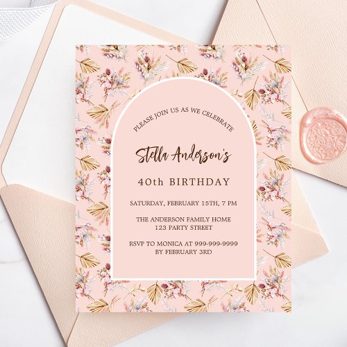 Pampas floral rose boho budget birthday invitation