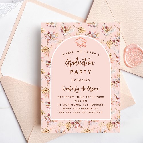 Pampas floral rose gold luxury graduation party invitation