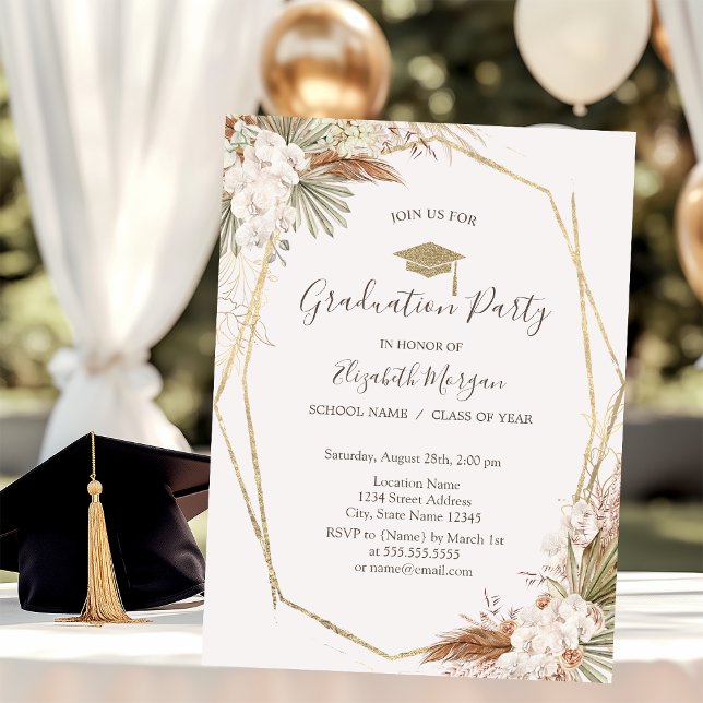 Pampas Flowers,Grad Cap,Graduation  Invitation (Creator Uploaded)