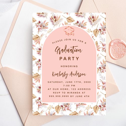 Pampas flowers rose gold luxury graduation party invitation