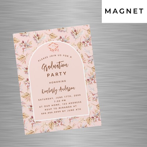 Pampas flowers rose gold luxury graduation party magnetic invitation