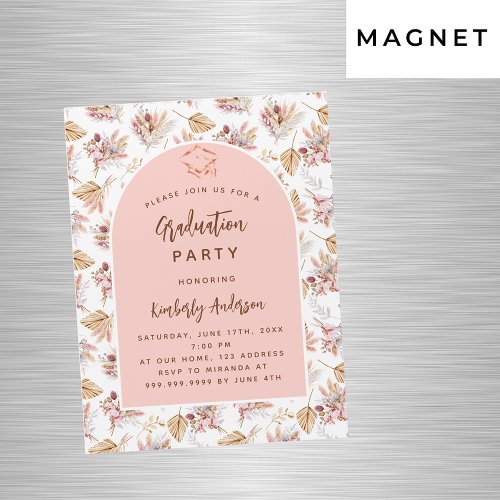 Pampas flowers rose gold luxury graduation party magnetic invitation