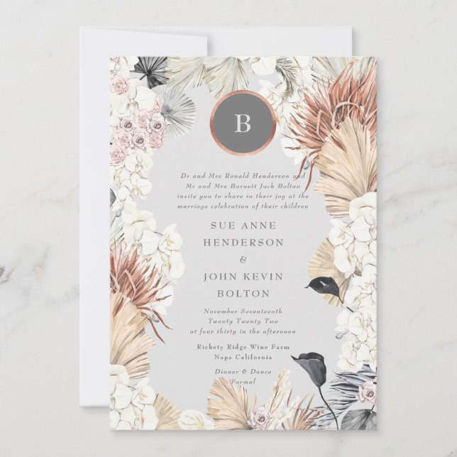 Pampas Frame Gold Ultimate Monogram | Gray Wedding Invitation (Front)