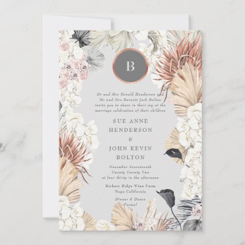 Pampas Frame Gold Ultimate Monogram  Gray Wedding Invitation