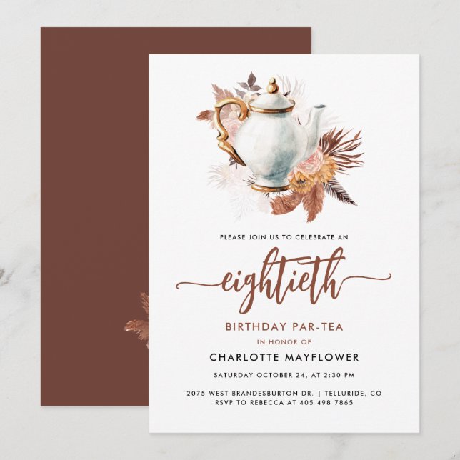 Pampas Grass 80th Birthday Tea Party Invitation (Front/Back)