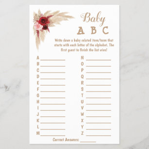 Pampas Grass ABC Baby Shower Game Card Flyer