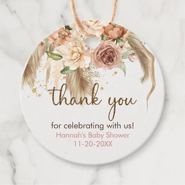 Pampas grass and Boho Roses baby shower thank you Favor Tags | Zazzle