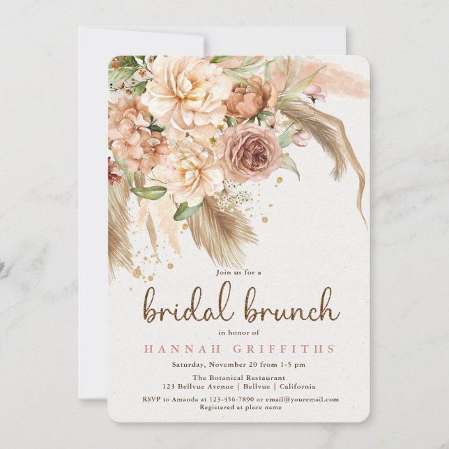 Pampas grass and boho roses bridal brunch invitation (Front)