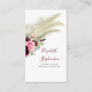 Pampas Grass and Burgundy Flowers Modern Boho Business Card