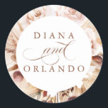 Pampas Grass and Cream Flowers Boho Wedding Classic Round Sticker<br><div class="desc">Pampas grass floral boho wedding stickers</div>