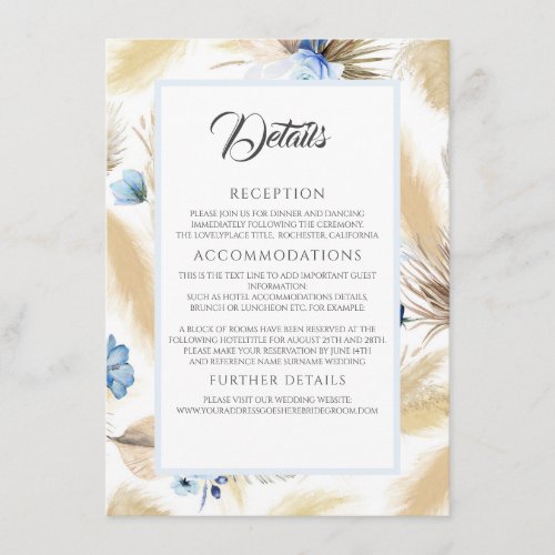 Pampas Grass and Dusty Blue Flower Wedding Details Enclosure Card