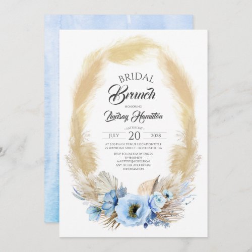 Pampas Grass and Dusty Blue Flowers Bridal Brunch Invitation