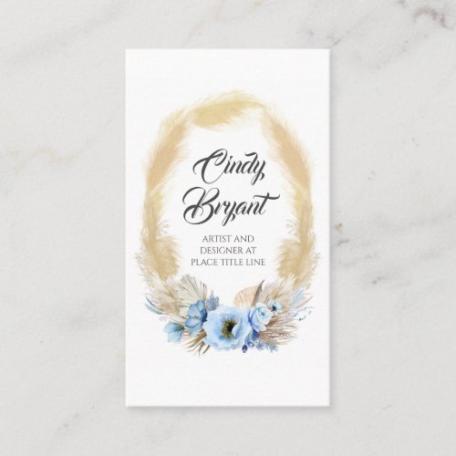 Pampas Grass and Dusty Blue Flowers Elegant Exotic Business Card