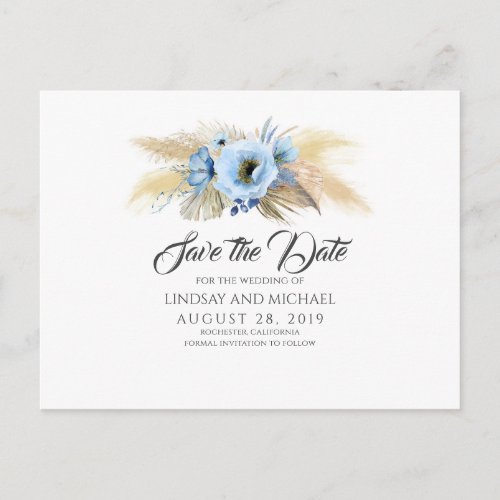 Pampas Grass and Dusty Blue Flowers Save the Date Postcard