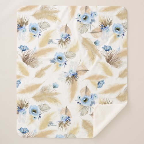 Pampas Grass and Dusty Blue Flowers Tropical Sherpa Blanket