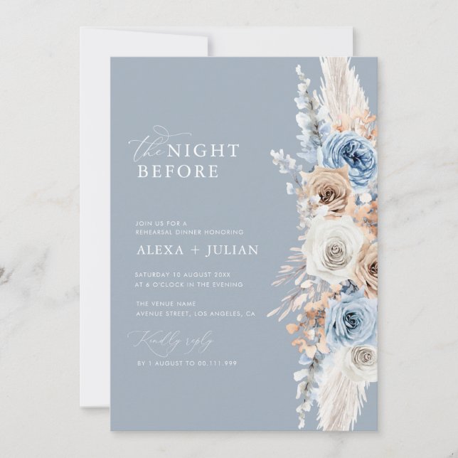 pampas grass and dusty blue rehearsal dinner invitation (Front)