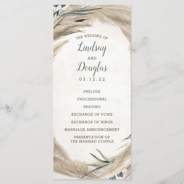 Pampas Grass and Greenery Boho Wedding Programs (Front)