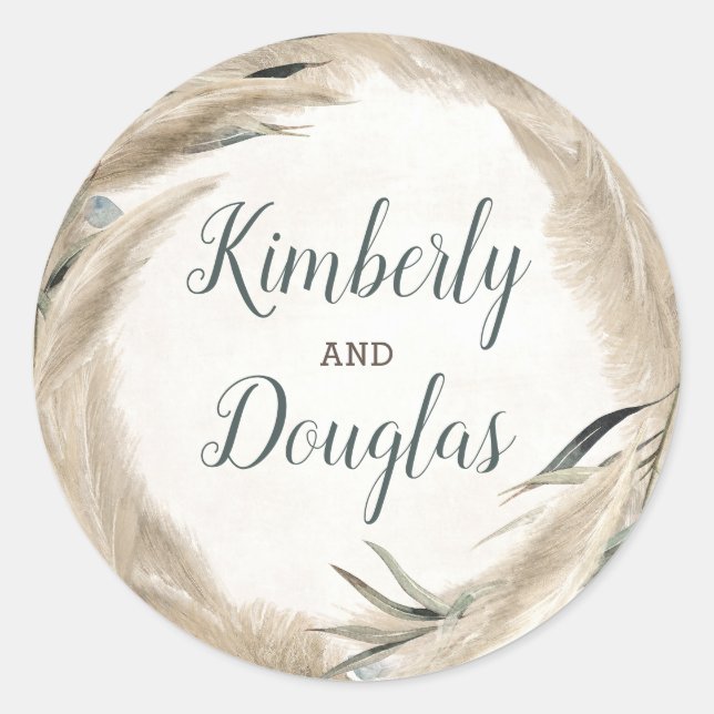 Pampas Grass and Greenery Wedding Classic Round Sticker (Front)