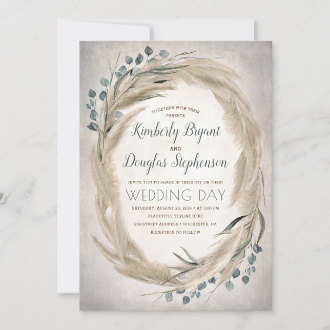 Pampas Grass and Greenery Wreath Vintage Wedding Invitation (Front)