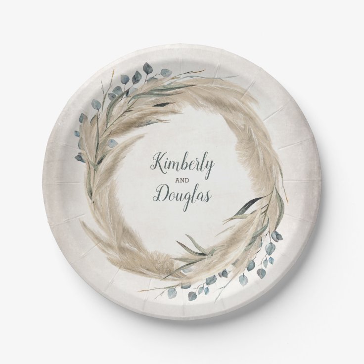 Pampas Grass and Greenery Wreath Wedding Paper Plates | Zazzle