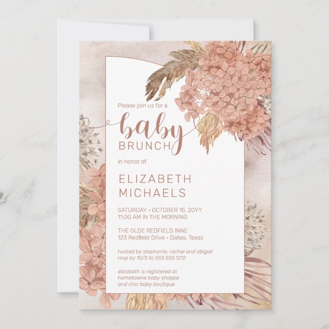 Pampas Grass and Hydrangeas Blooms Baby Brunch Inv Invitation (Front)