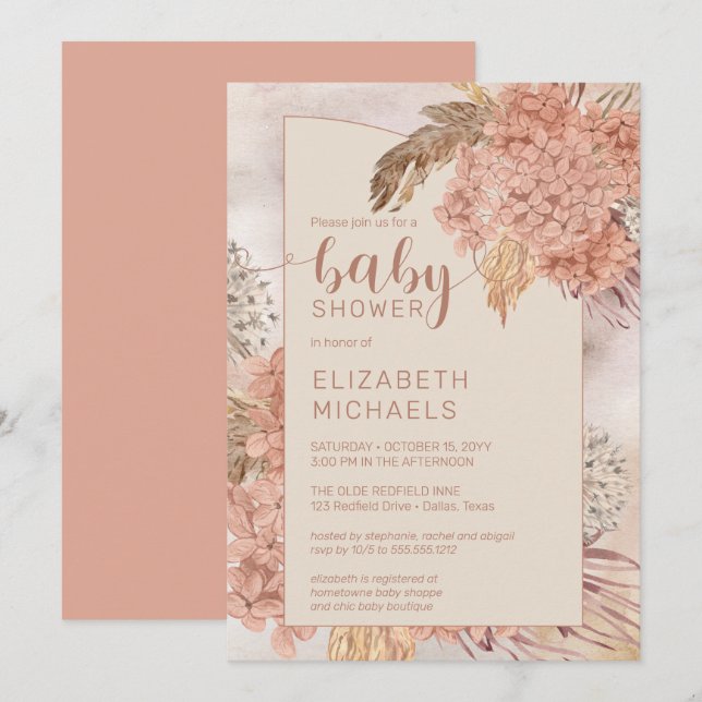 Pampas Grass and Hydrangeas Blooms Baby Shower Invitation (Front/Back)