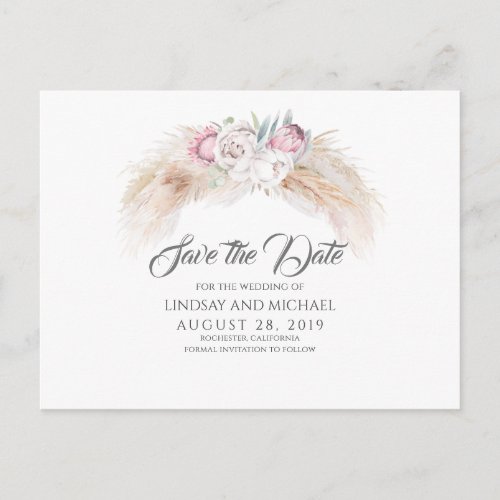 Pampas Grass and King Protea Flowers Save the Date Postcard