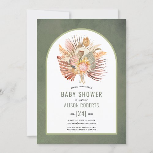 Pampas grass and palm grayish green baby shower  invitation