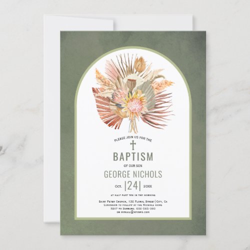 Pampas grass and palm grayish green baptism invitation