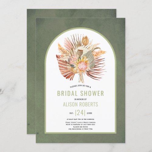 Pampas grass and palm green bridal shower invitation