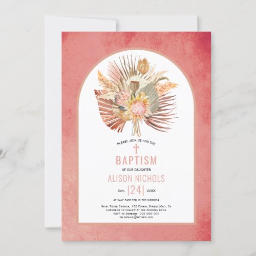 Pampas grass and palm pink baptism invitation