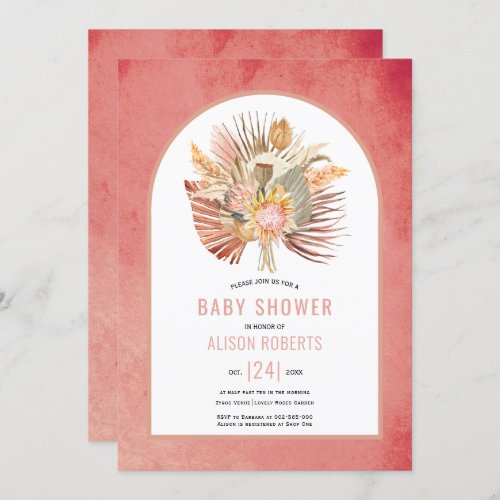 Pampas grass and palm pink girl baby shower invitation