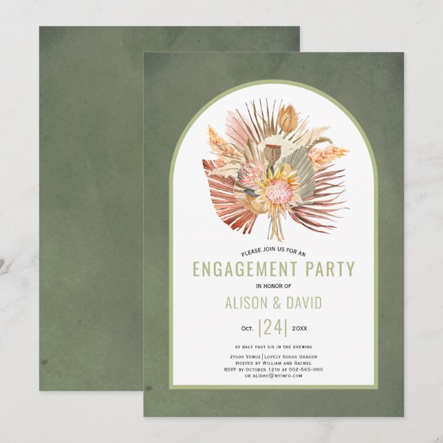 Pampas grass and palm sage green engagement party invitation (Front/Back)