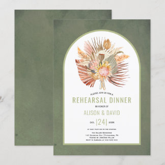 Pampas grass and palm sage green rehearsal dinner invitation