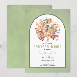 Pampas grass and palm sage green rehearsal dinner invitation