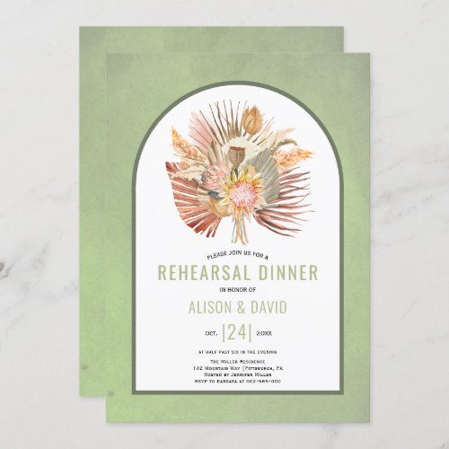 Pampas grass and palm sage green rehearsal dinner invitation