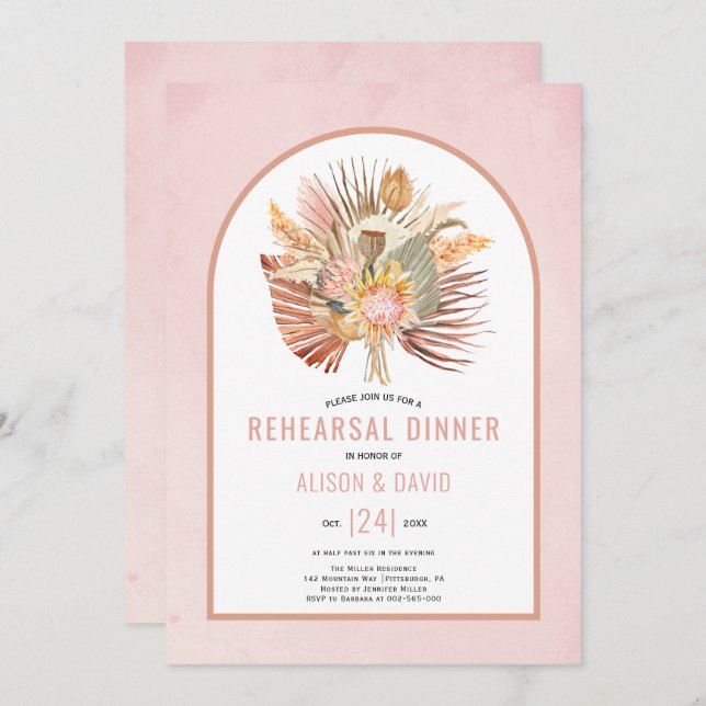 Pampas grass and palm soft pink rehearsal dinner invitation (Front/Back)