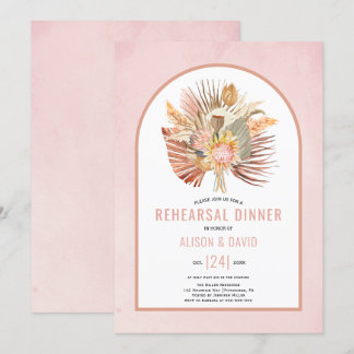 Pampas grass and palm soft pink rehearsal dinner invitation